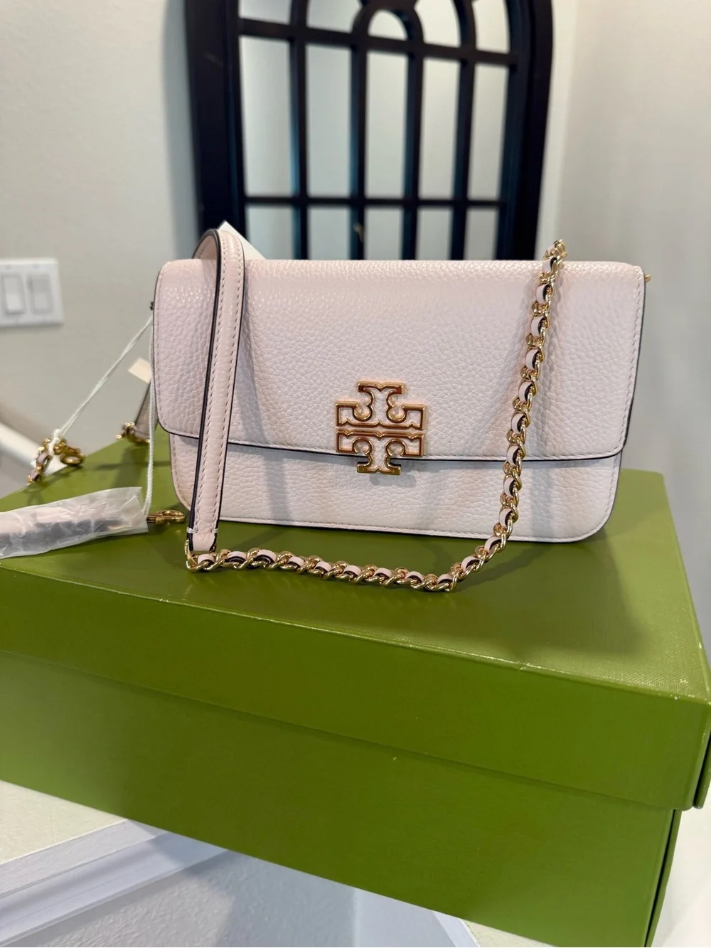 Tory Burch Blush Pebbled Leather Chain-Shoulder Crossbody with Gold Logo